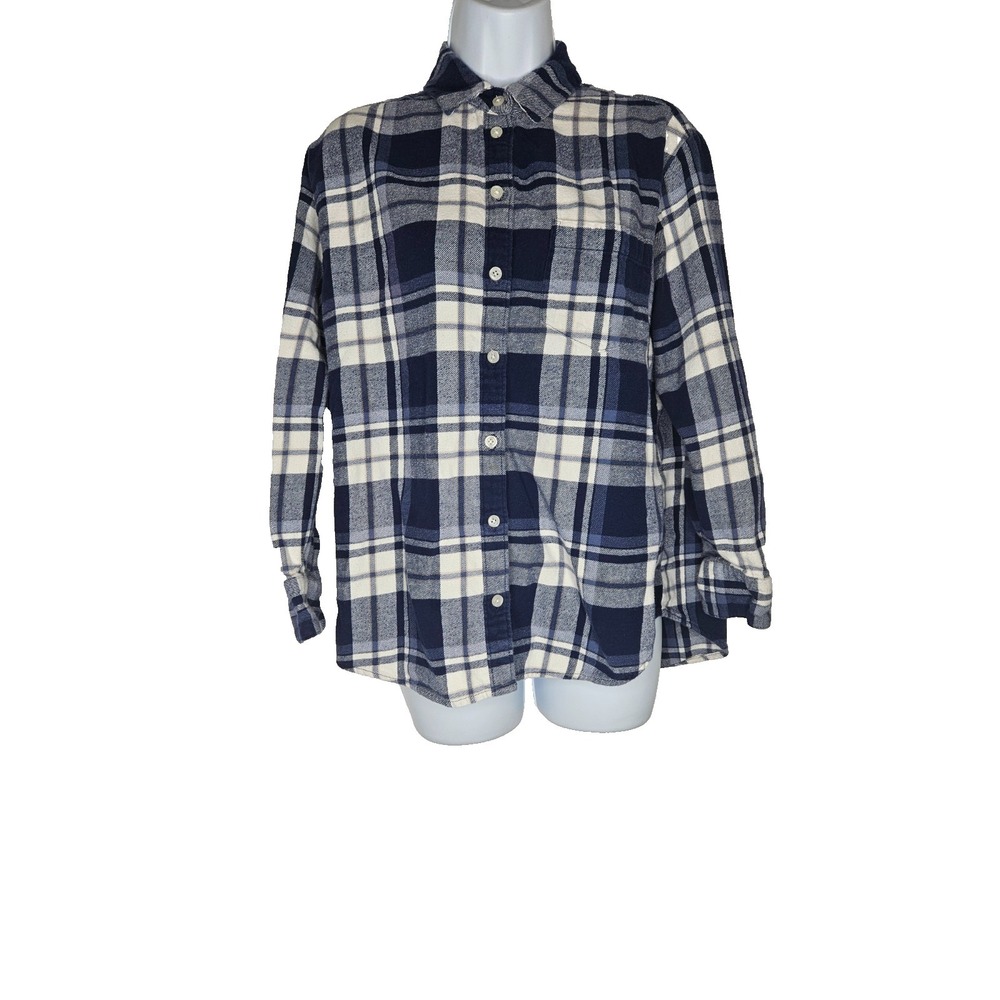 Old Navy Plaid‎ Flannel Shirt Womens Small Blue White Cotton Casual Soft